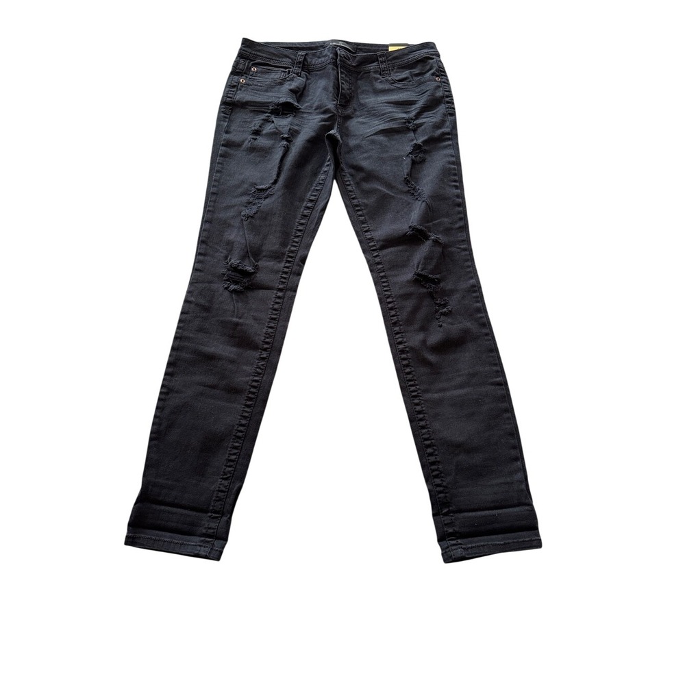 Almost Famous Black Distressed Skinny Jeans Size 11 Mid Rise Stretch Denim